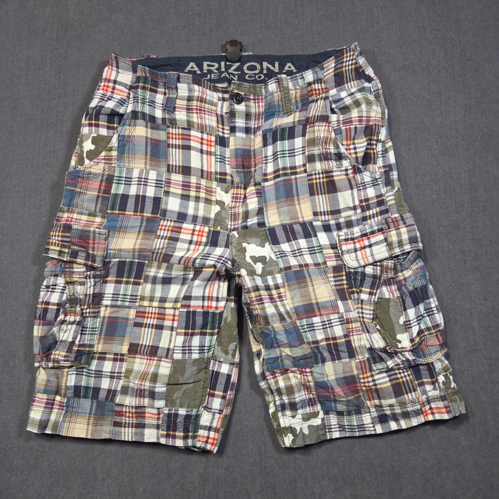 Y2k Arizona Jean Cargo Shorts Mens 32 Multi Color Patchwork Plaid Camo Utility